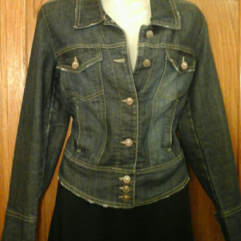 Small Bling Button Fitted Blue Jean Jacket